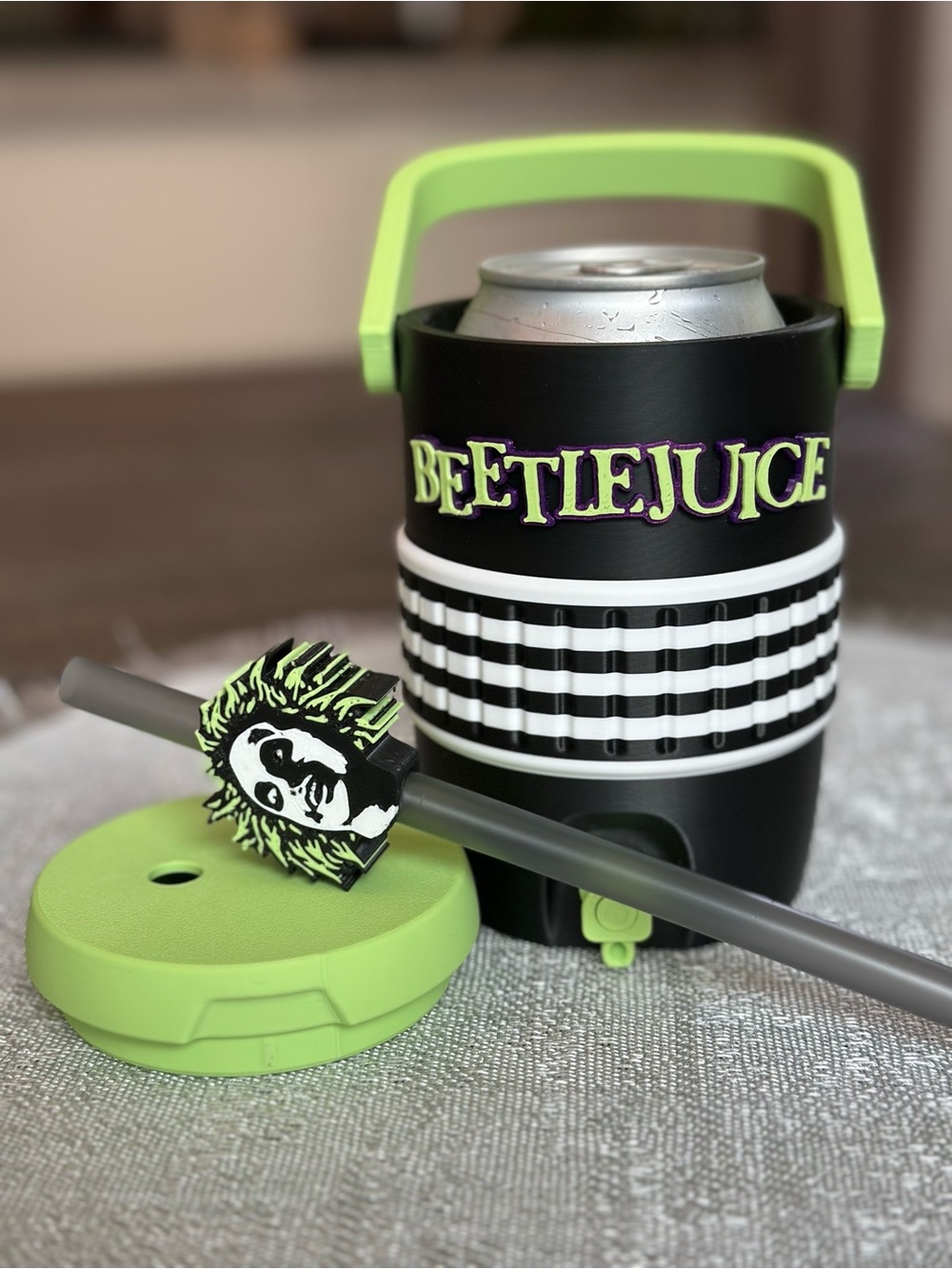 Beetlejuice Halloween Themed Can Cooler with Straw Topper - Picture 4 of 6